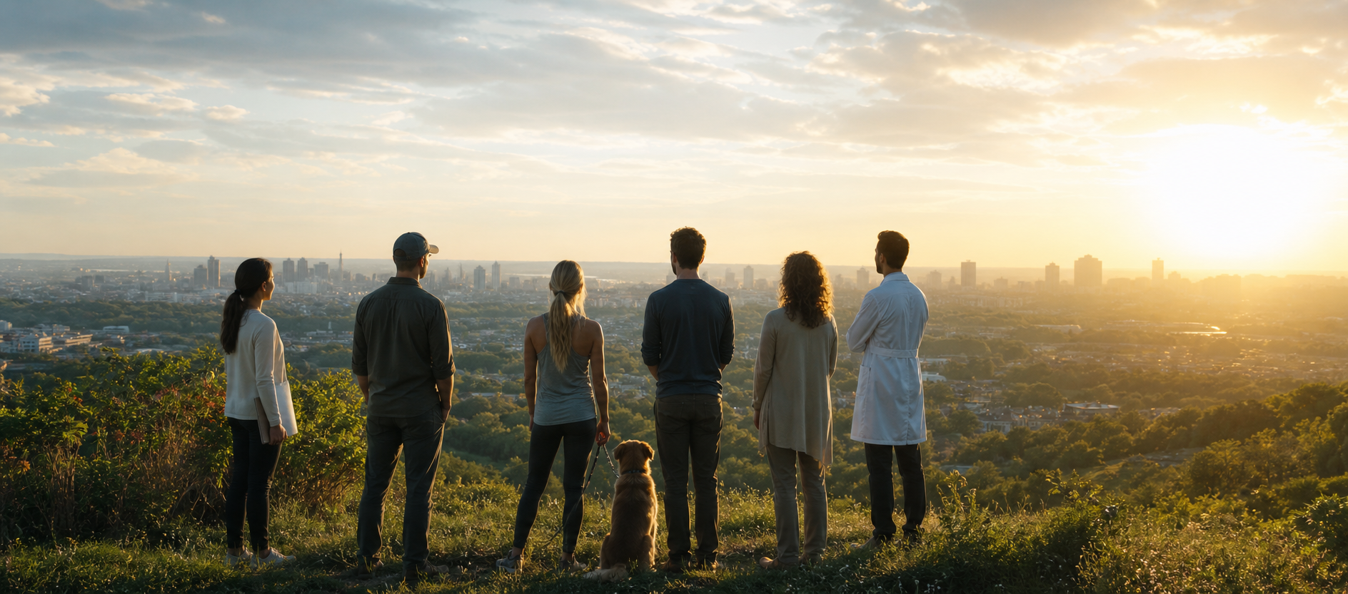 Gruppo di persone e un cane all'alba su una collina